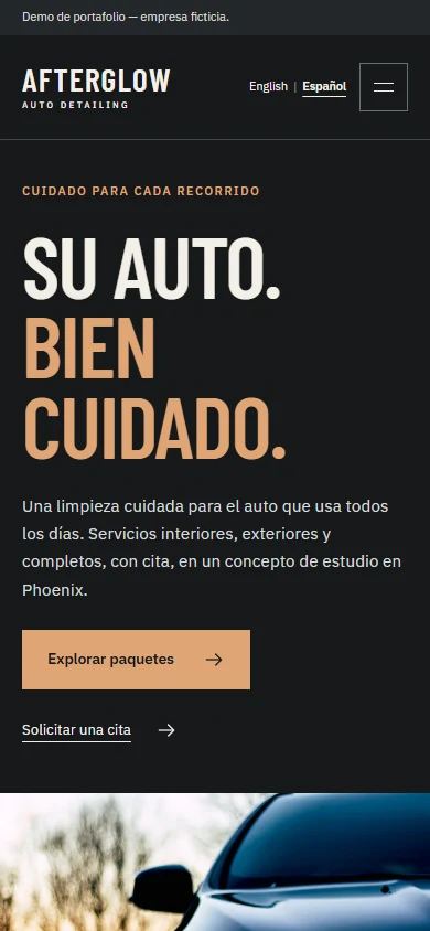 Spanish Afterglow mobile homepage with service headline and package action
