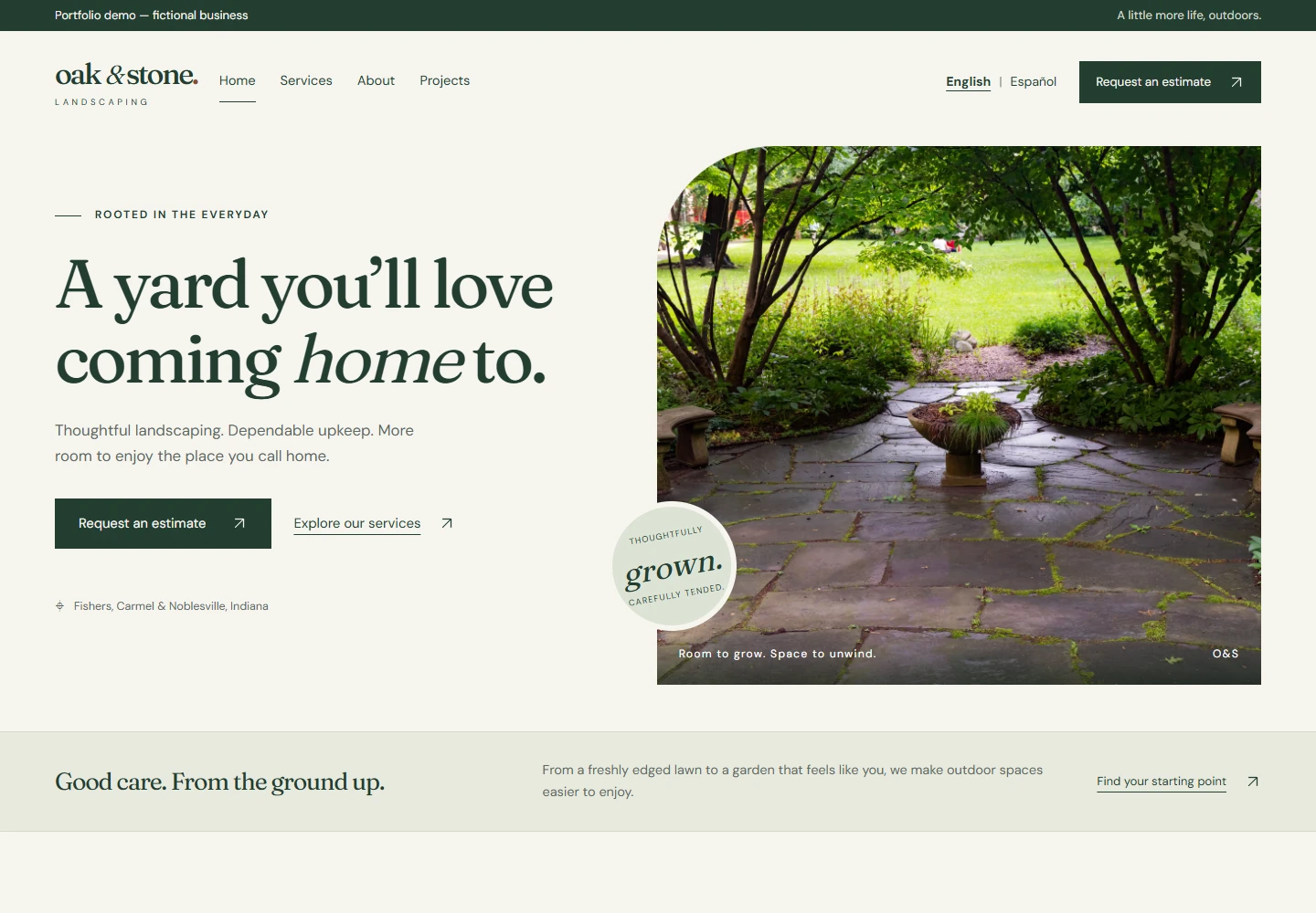 Oak & Stone concept homepage with a garden photograph and forest-green typography